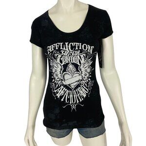 Affliction Women's T-Shirt Top Short Sleeve Ye Old London Winged Heart Black NWT